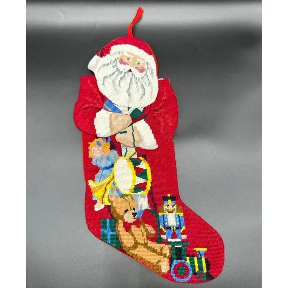 Vintage Christmas Needlepoint Stocking Santa Claus Toys Red Hanging Loop Figural - Picture 2 of 8